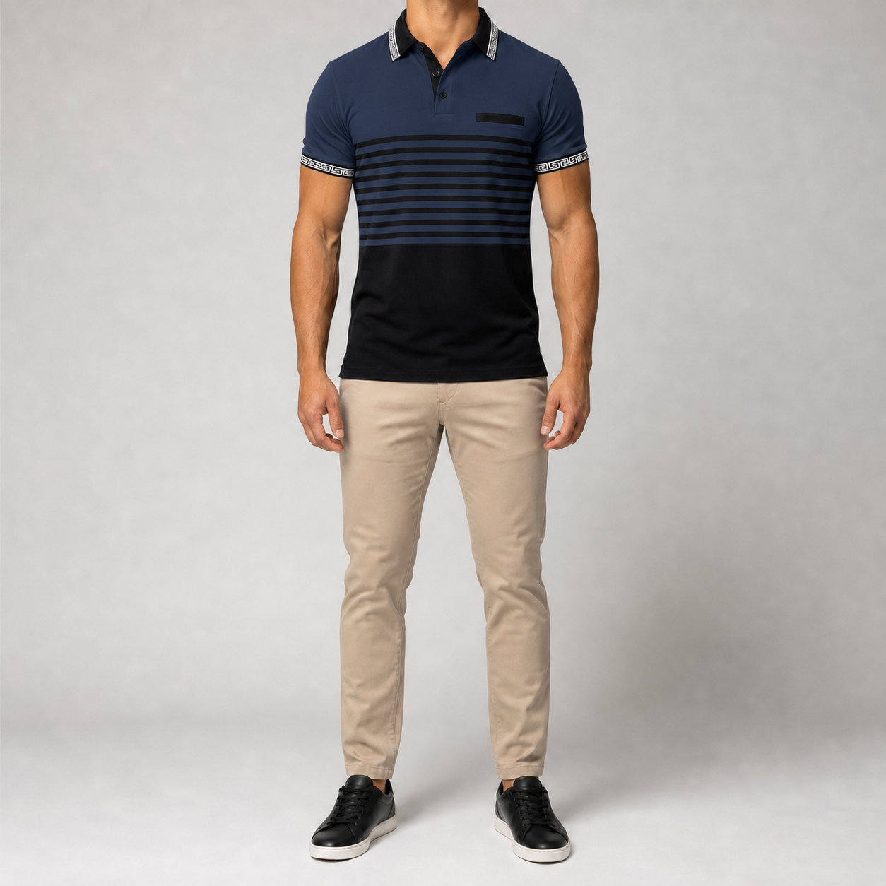 Men's navy and black striped polo
