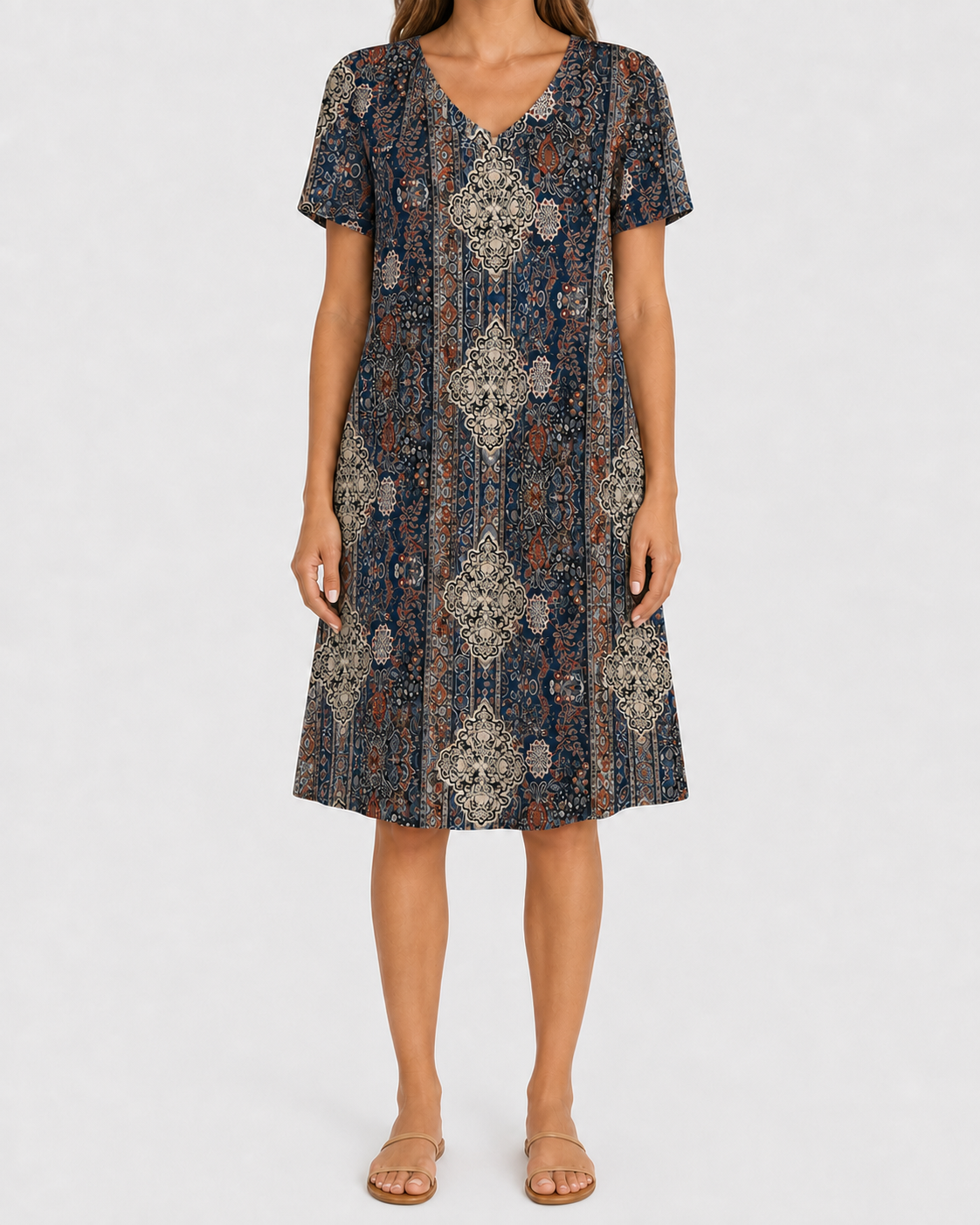 Deep ocean blue ornamental print pocket dress
