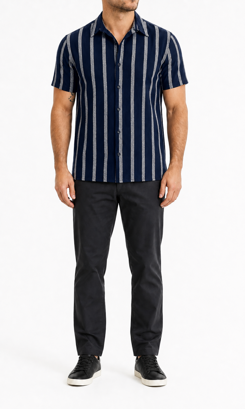 Navy and gray striped men's short-sleeve shirt