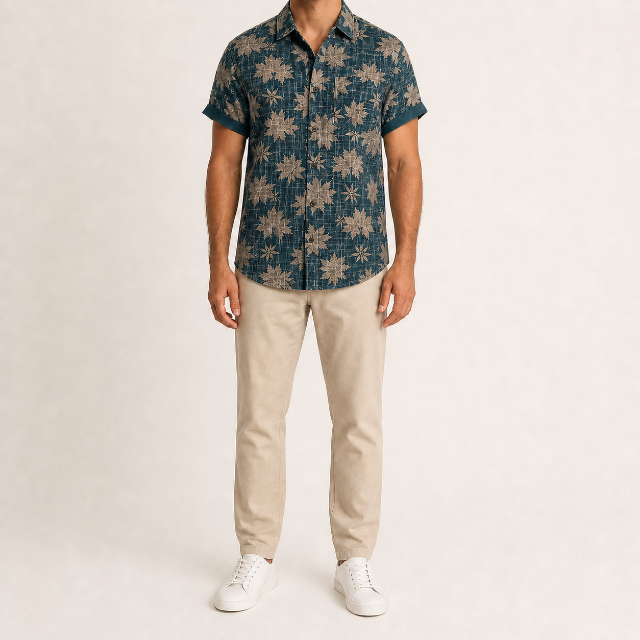 Men's deep teal floral camp collar shirt