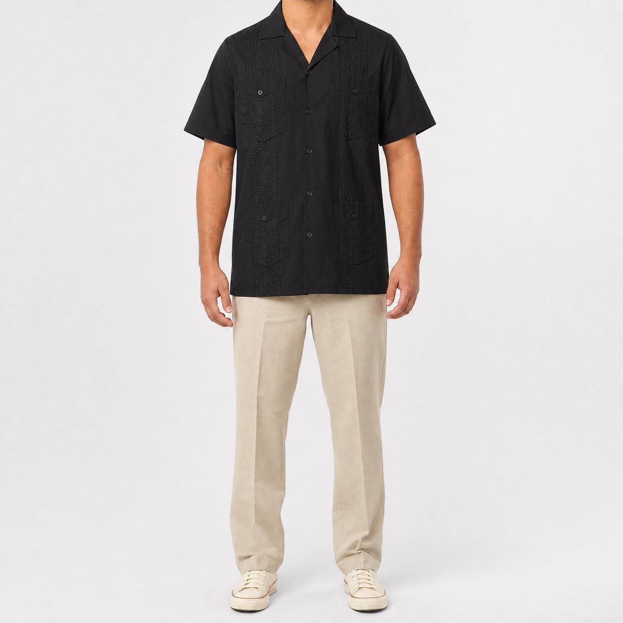Black men's four-pocket short-sleeve guayabera shirt