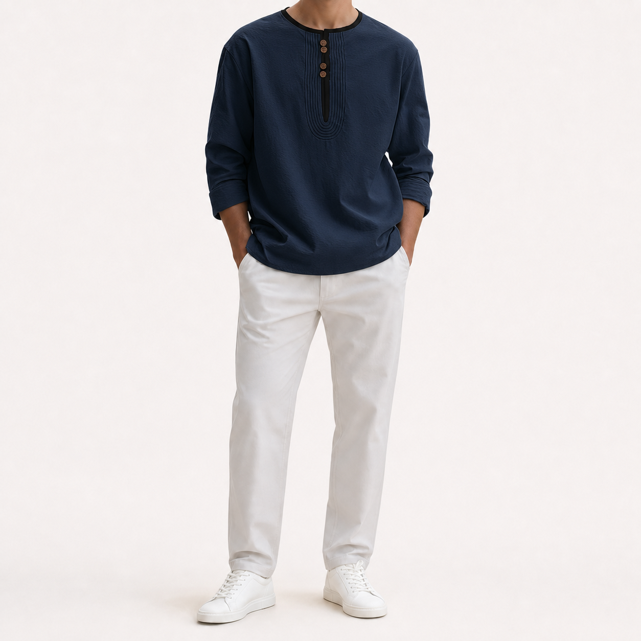 Men's deep navy contrast trim long sleeve Henley