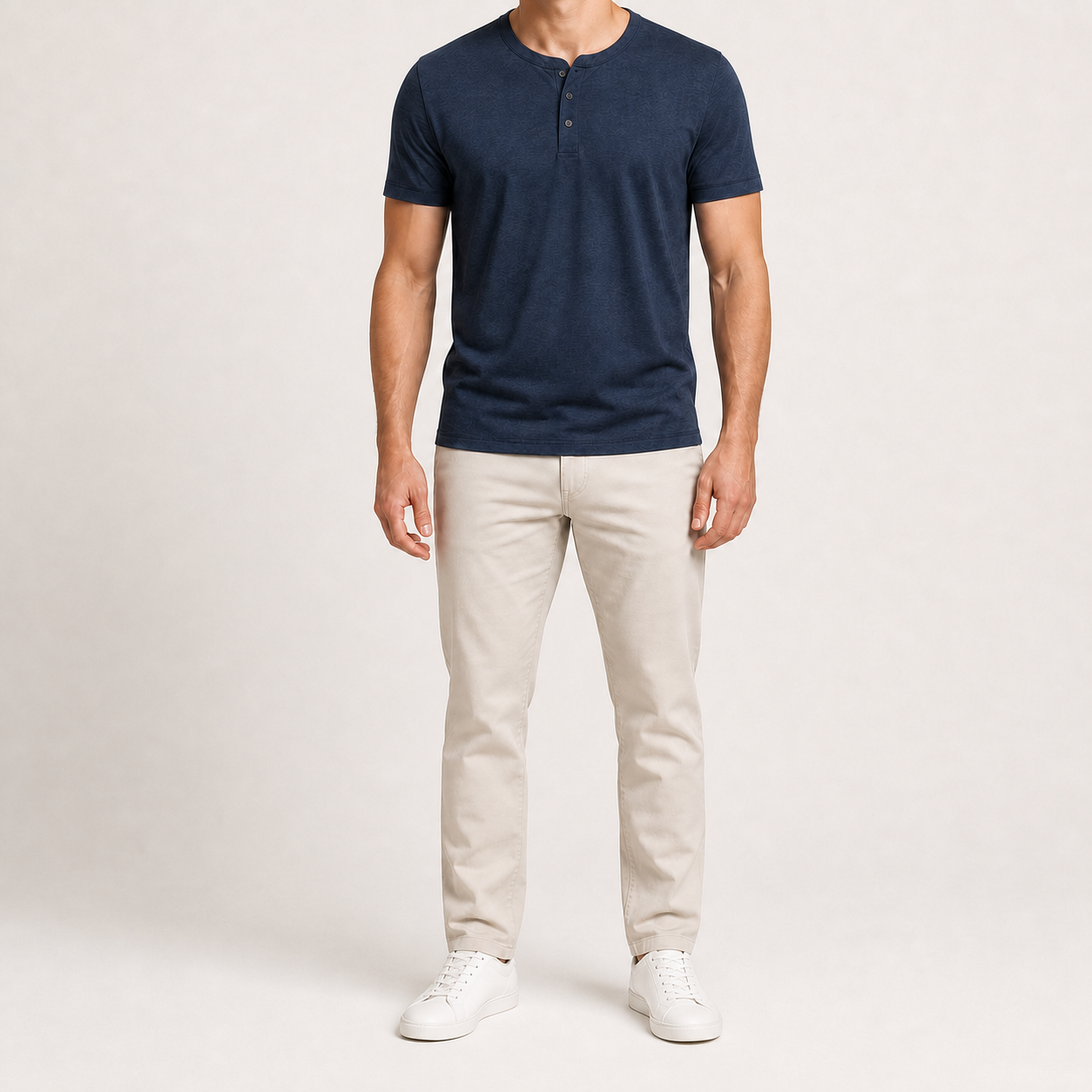Men's navy short-sleeve three-button Henley shirt
