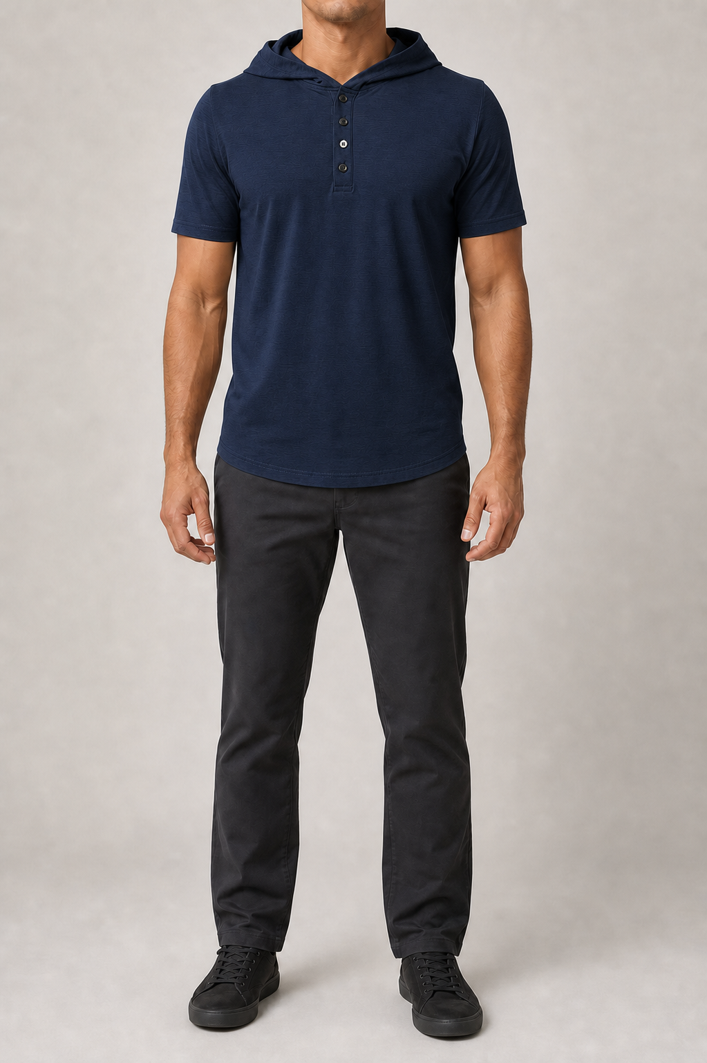 Men's navy short-sleeve hooded Henley