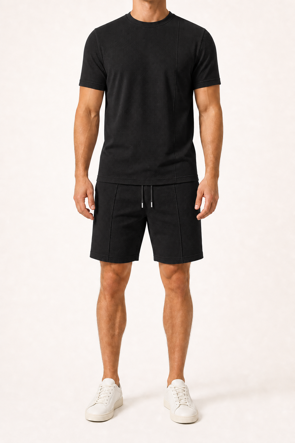 Men's waffle knit shirt and shorts set in jet black