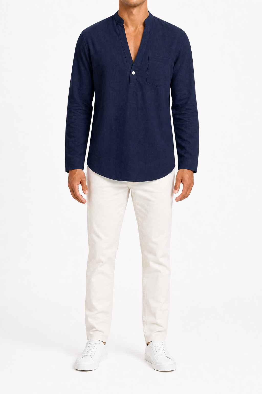 Men's navy long-sleeve split-neck shirt