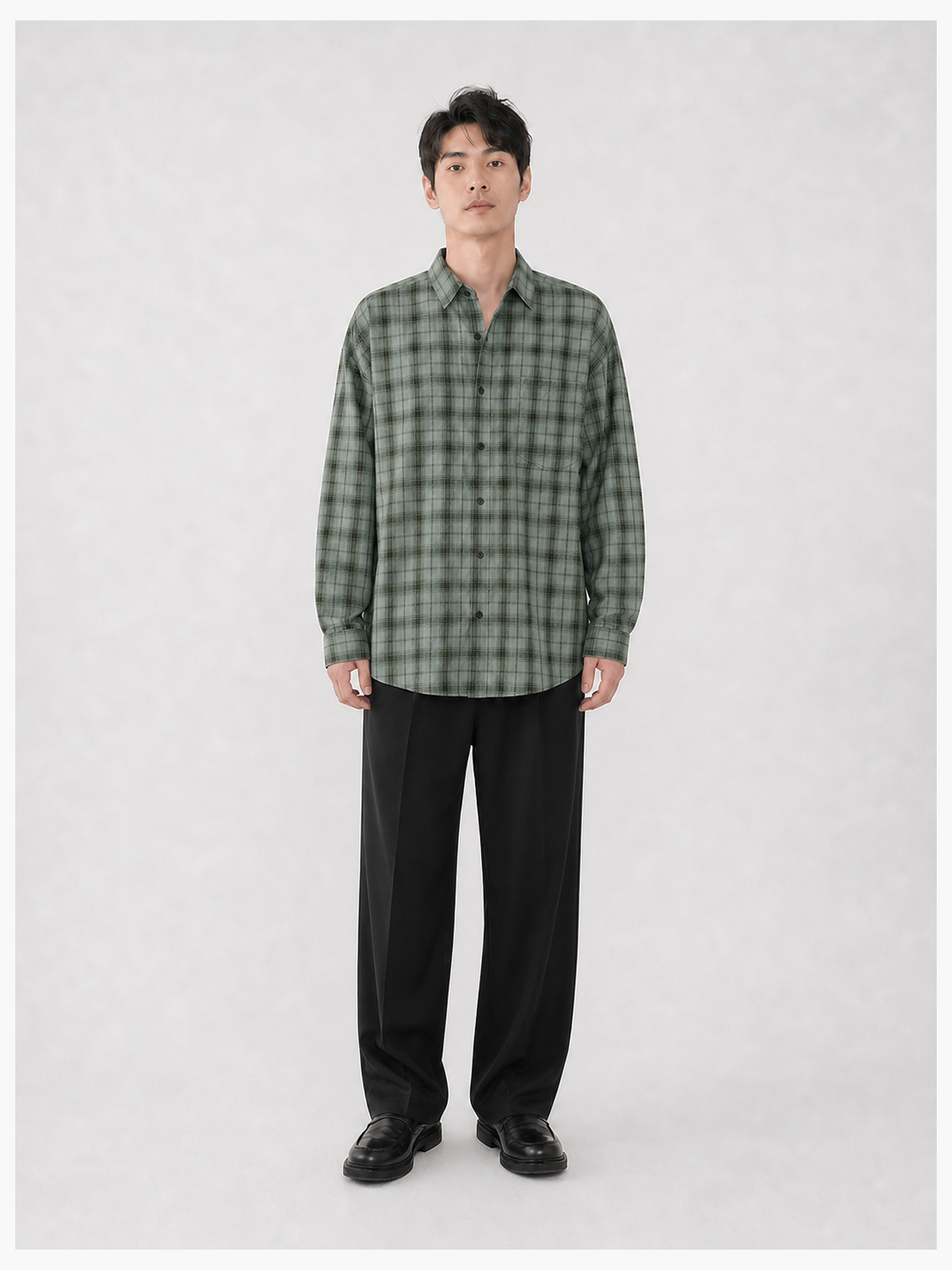 Men's sage green relaxed plaid shirt
