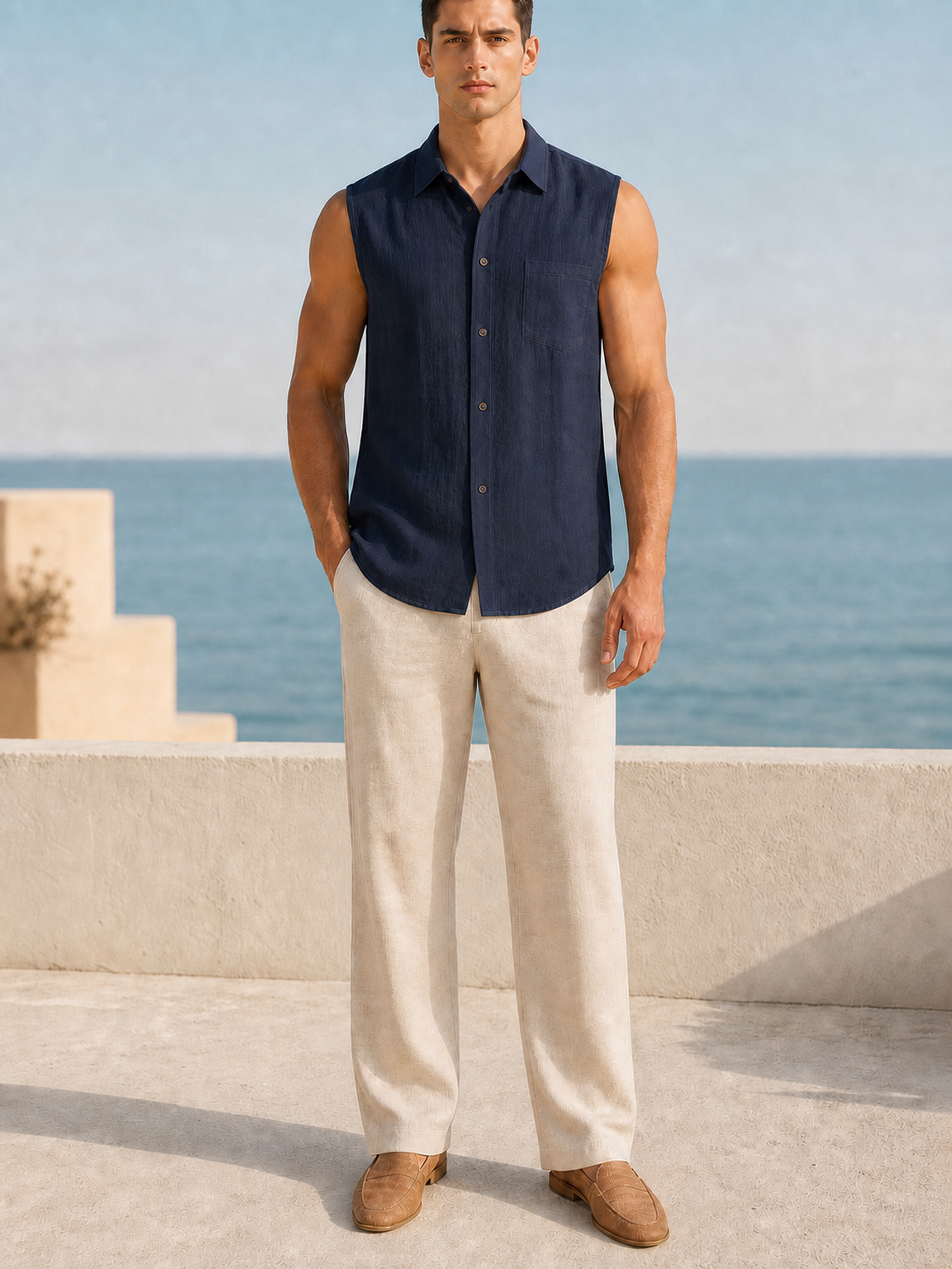 Men's deep navy sleeveless linen blend shirt