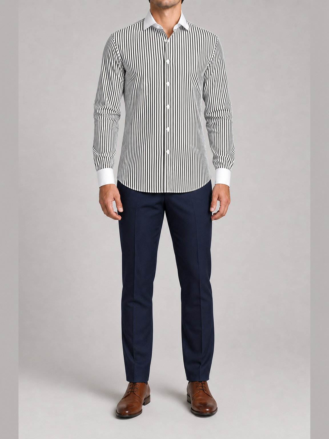 Men's black vertical stripe contrast collar shirt