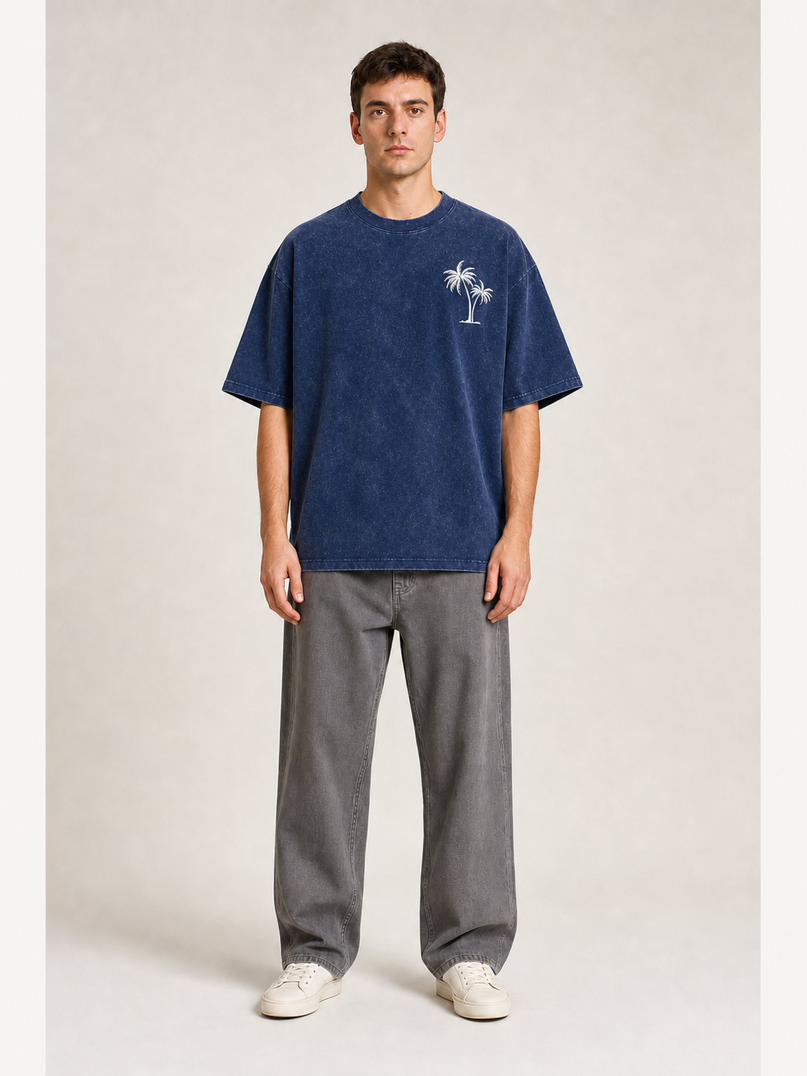 Men's washed navy palm graphic oversized T-shirt