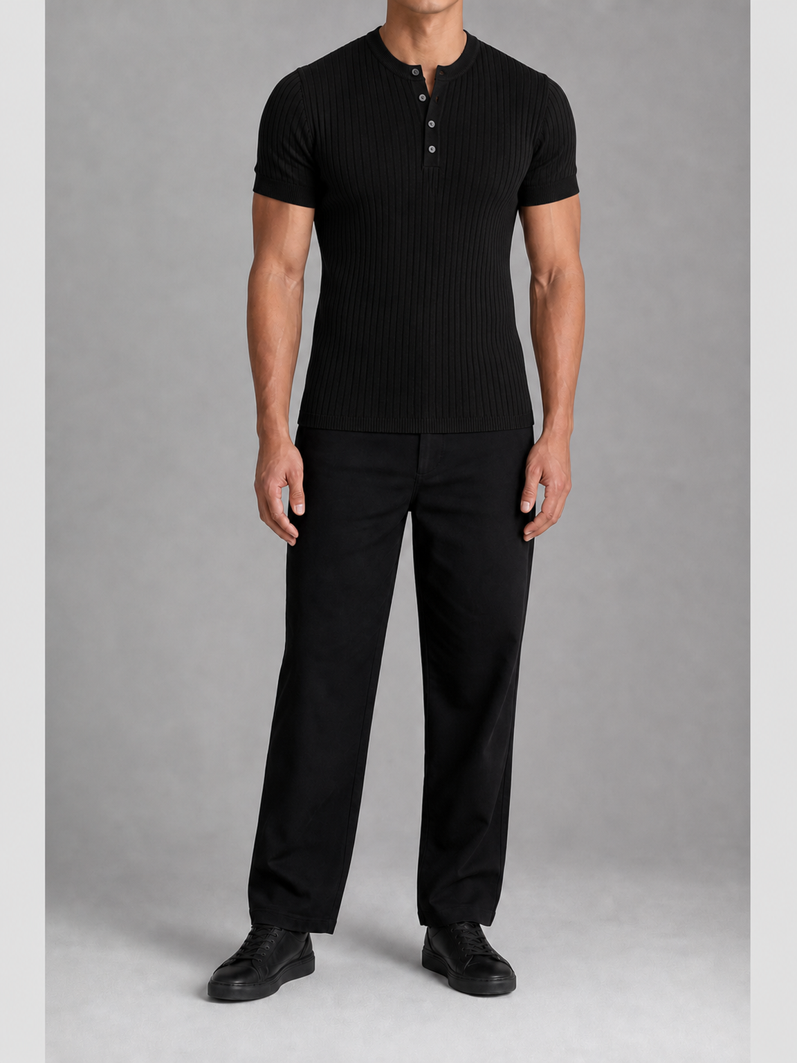 Men's black fitted rib-knit four-button Henley shirt