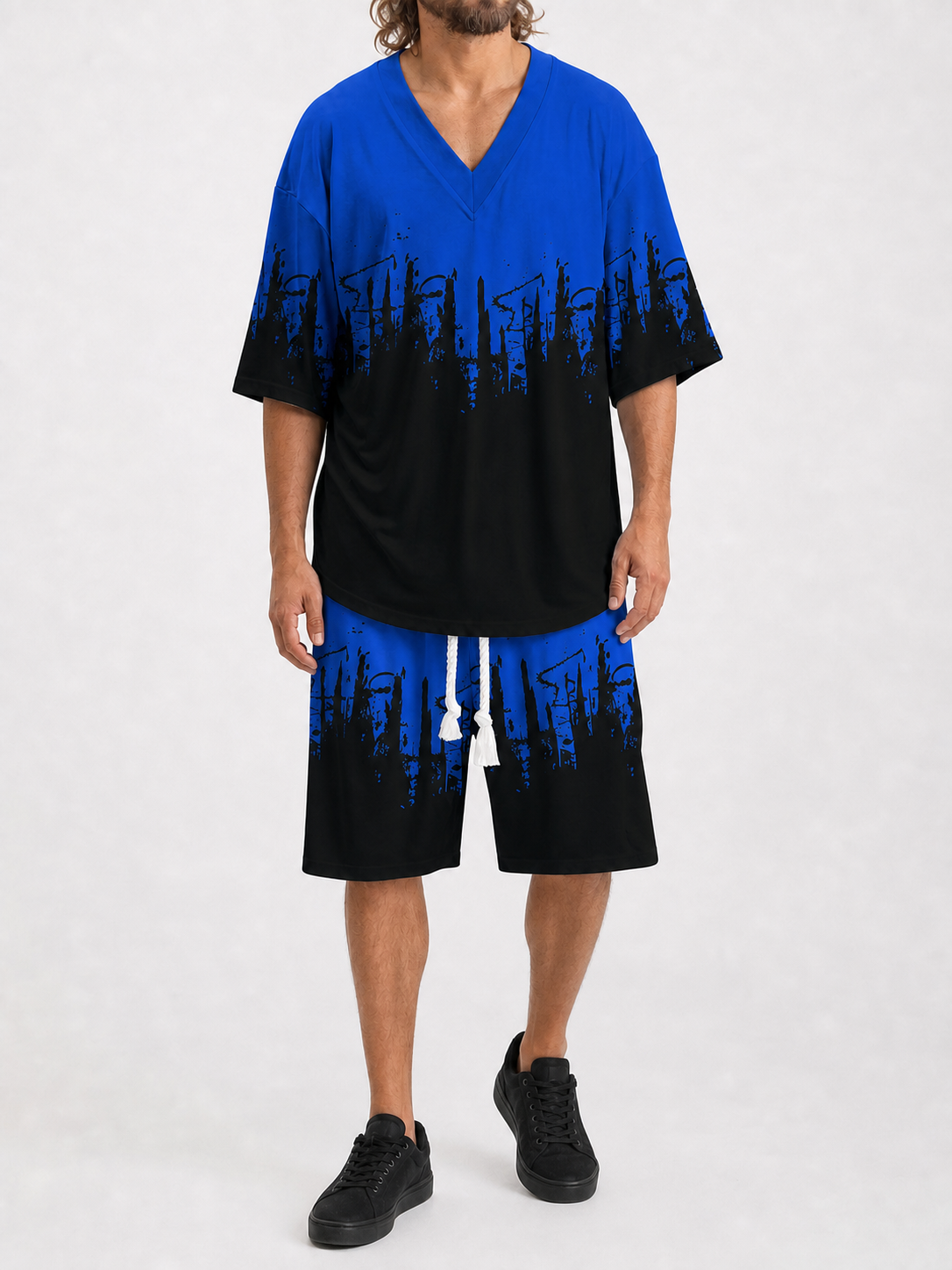 Men's royal blue black city print two-piece set