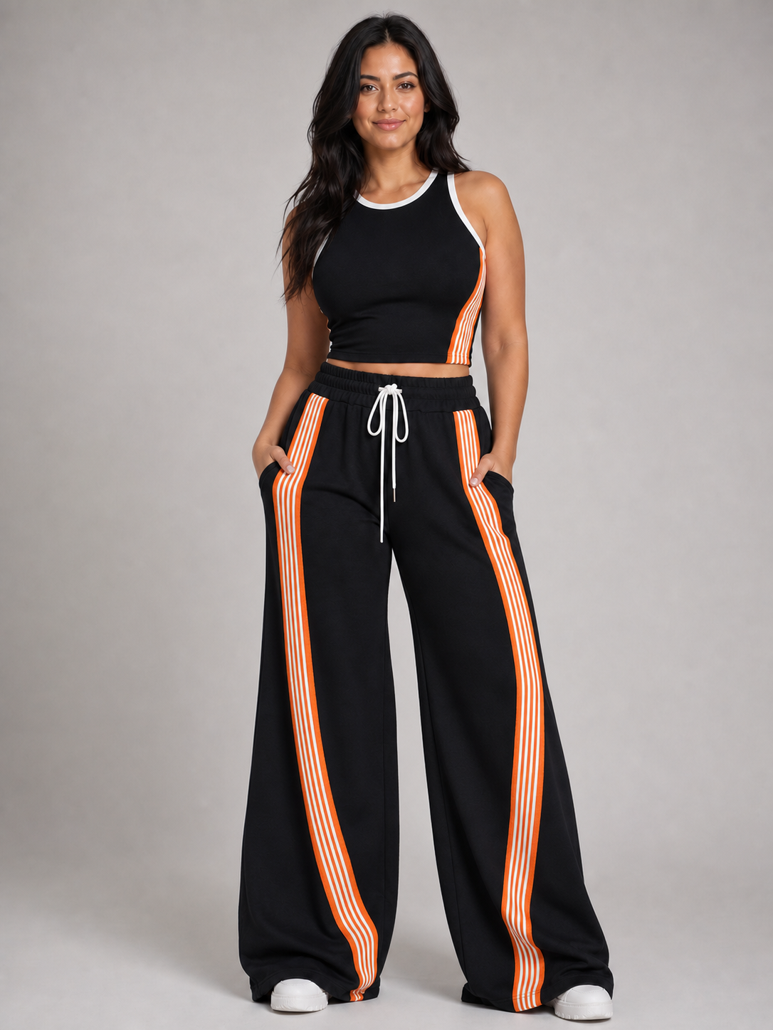 Women's black contrast stripe wide-leg two-piece set