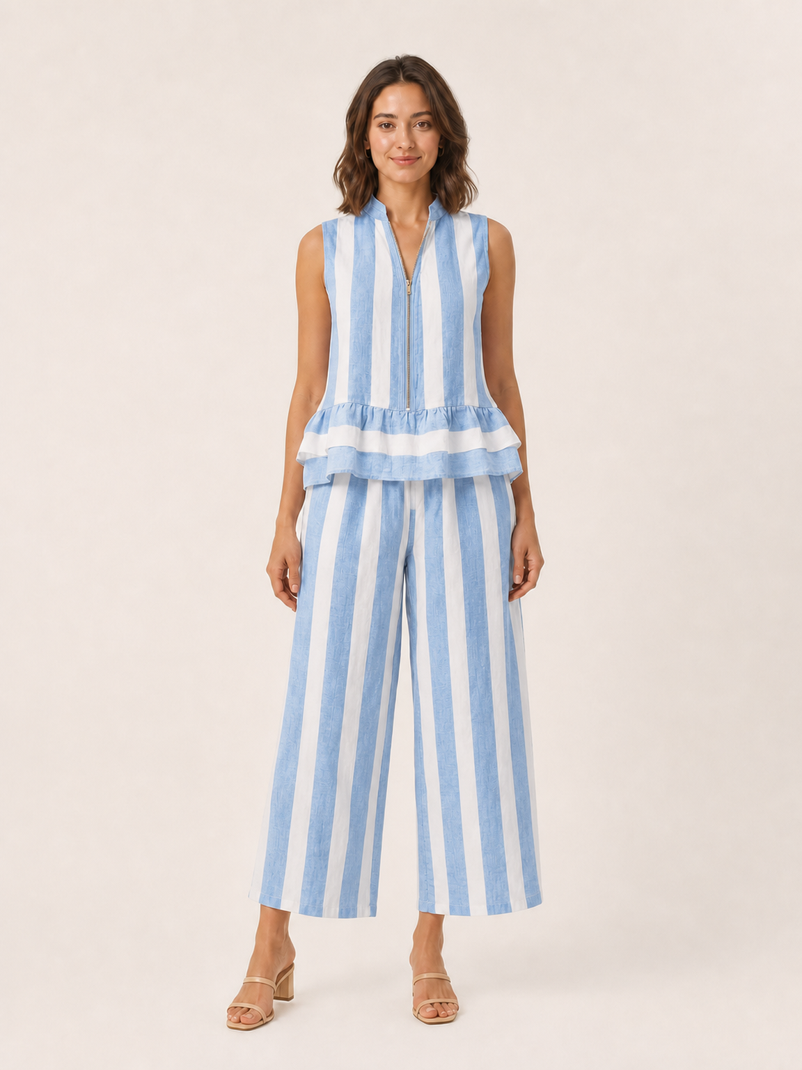 Women's sky blue striped zip peplum wide-leg set