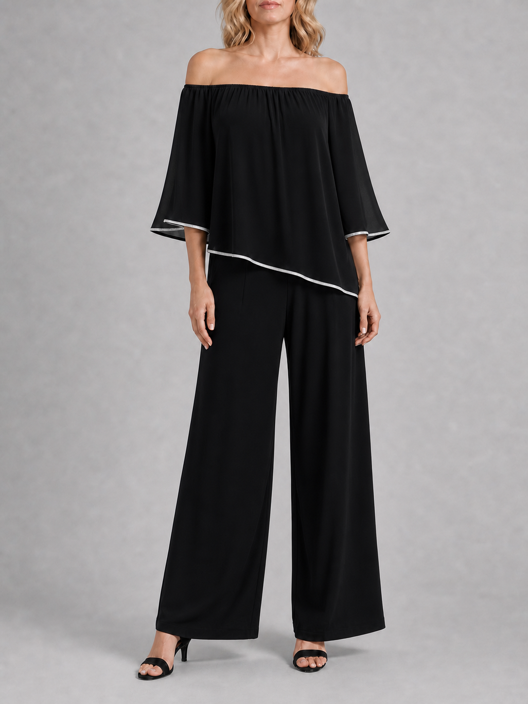 Women's black off-shoulder wide-leg two-piece set
