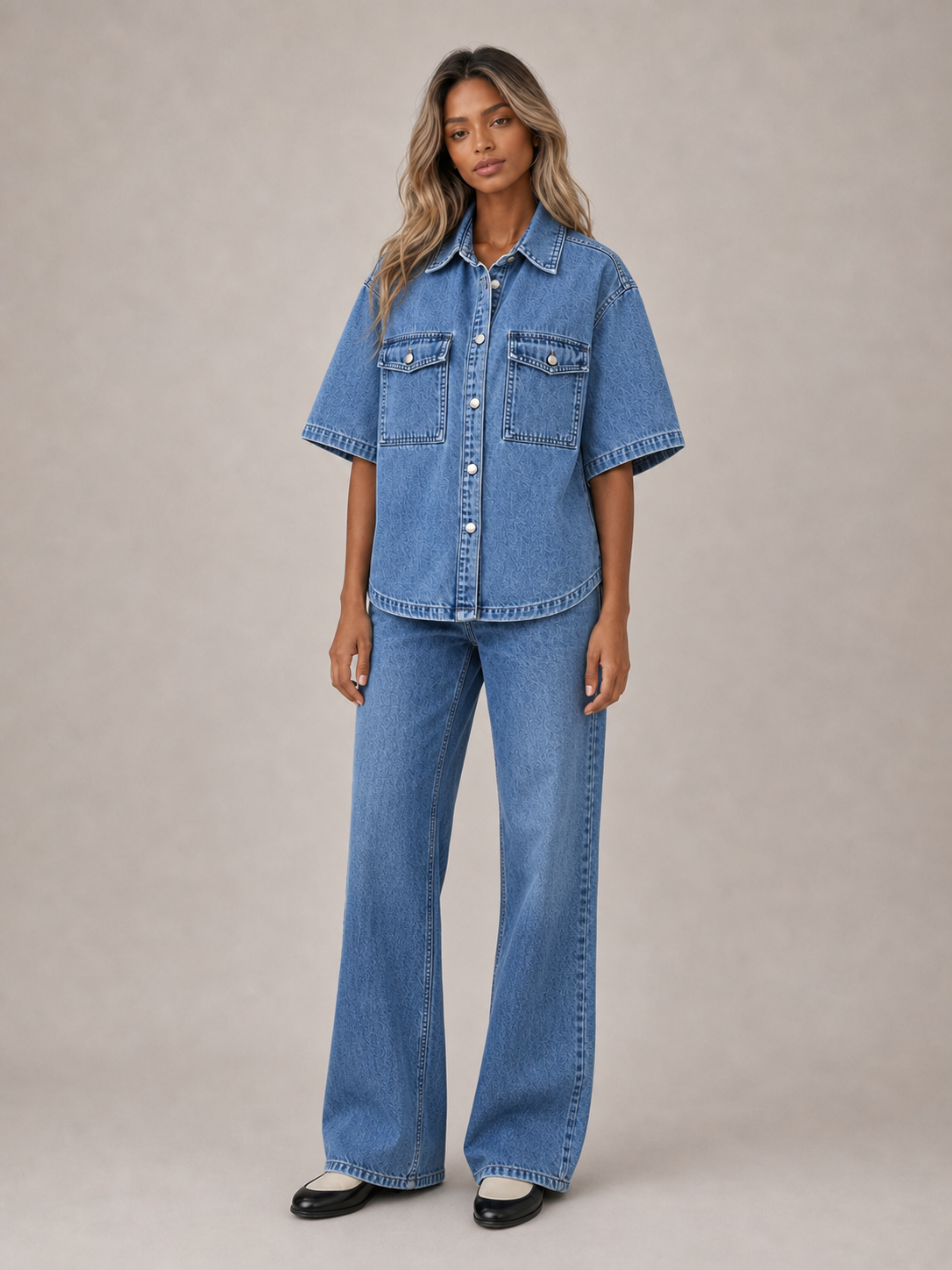Women's medium blue wash denim set
