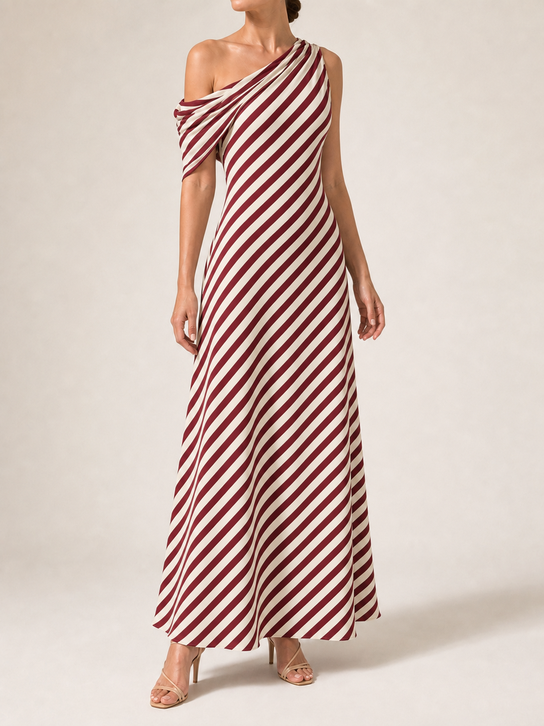 Women's burgundy and ivory stripe one-shoulder maxi dress
