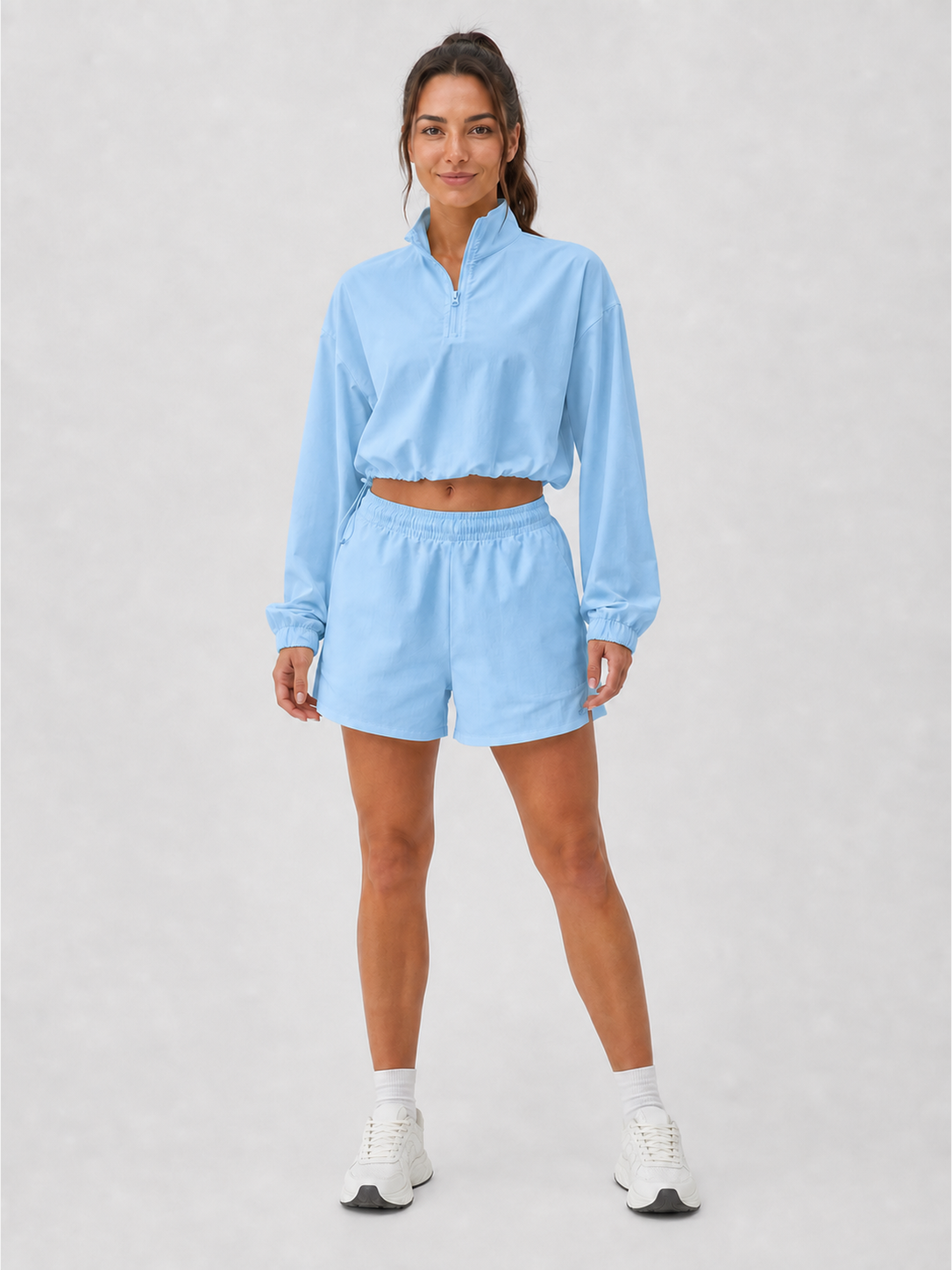 Women's sky blue half-zip pullover and shorts set