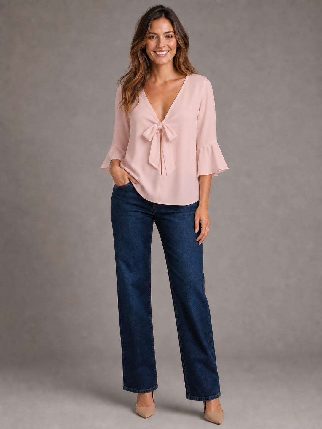 Women's blush pink tie-front blouse
