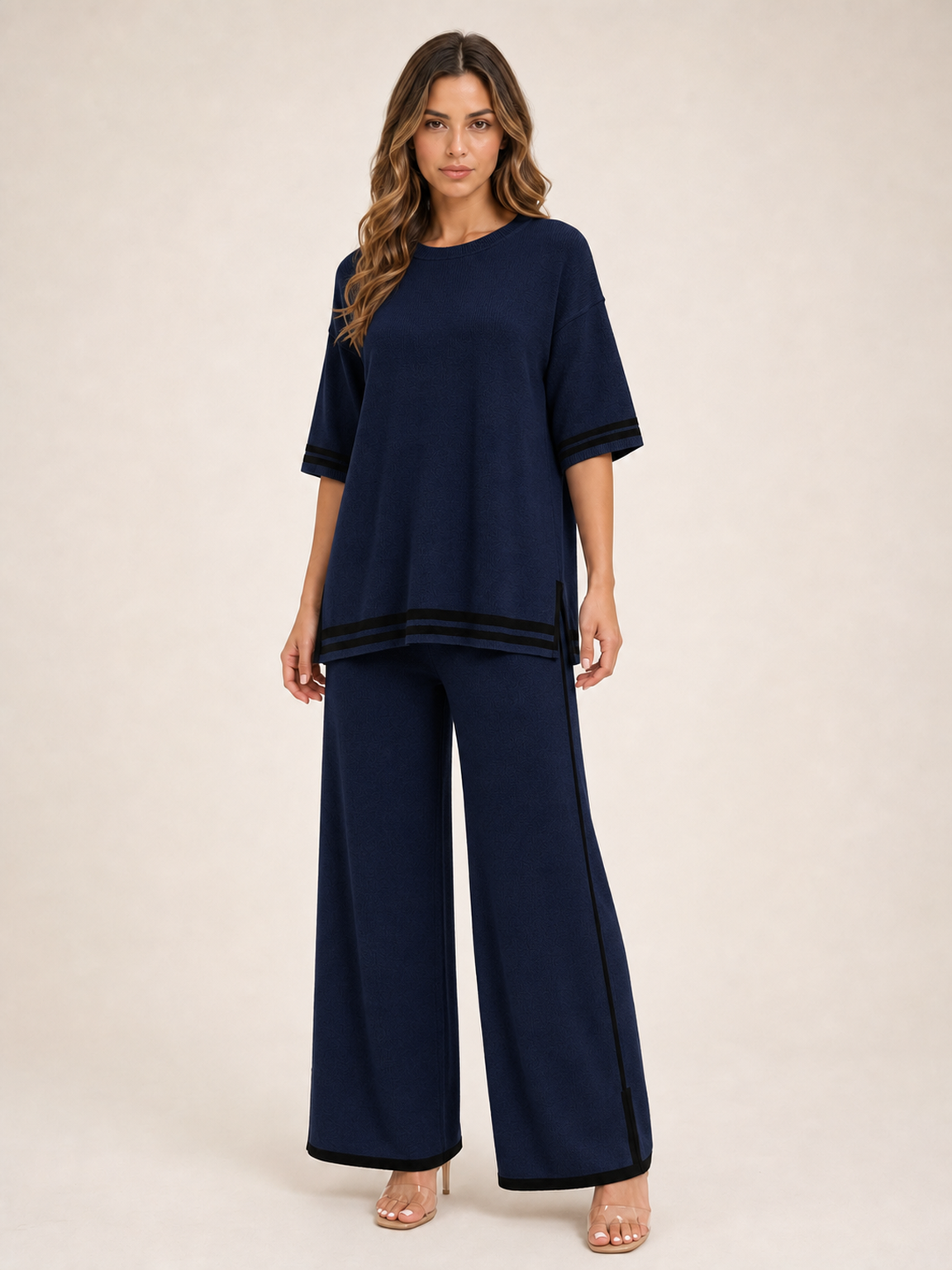 Women's deep navy contrast trim knit pants set