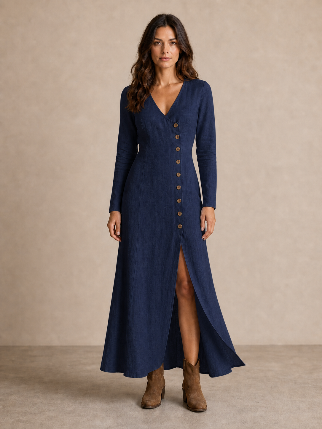 Women's navy V-neck button slit maxi dress
