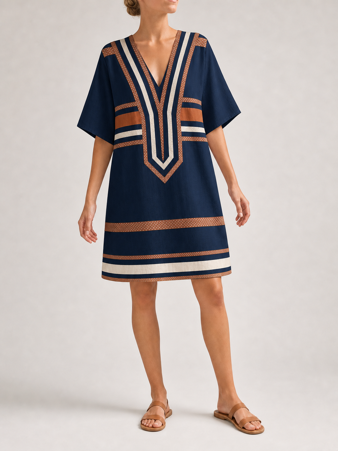 Women's navy and copper geometric kaftan mini dress