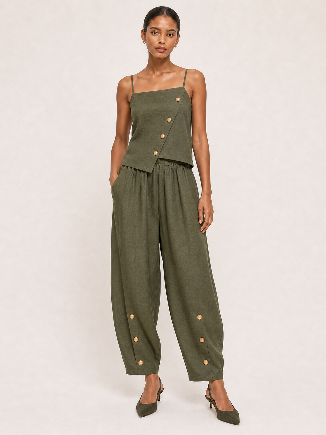Women's olive asymmetric button two-piece set