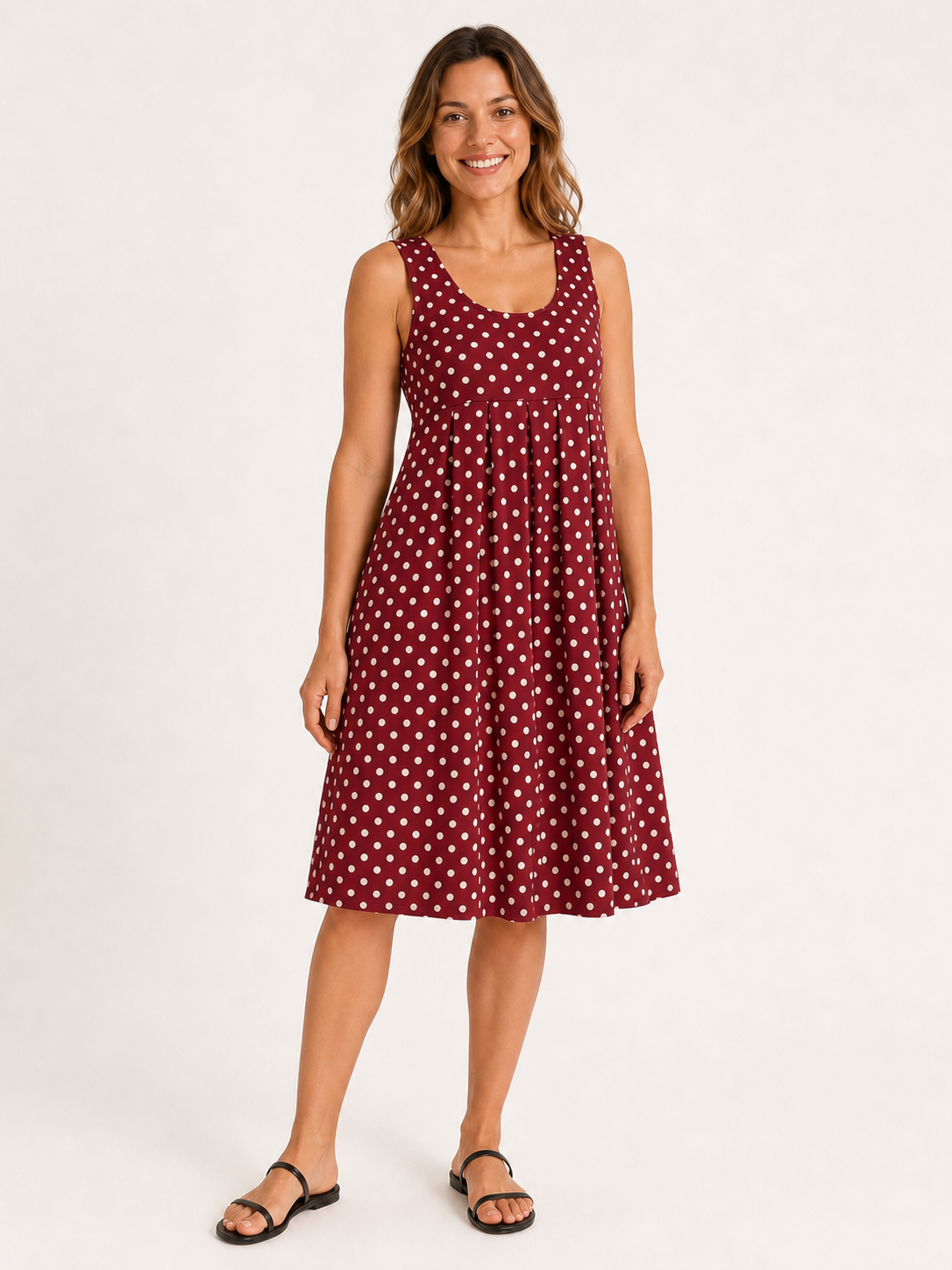 Women's burgundy and ivory polka dot empire-waist dress