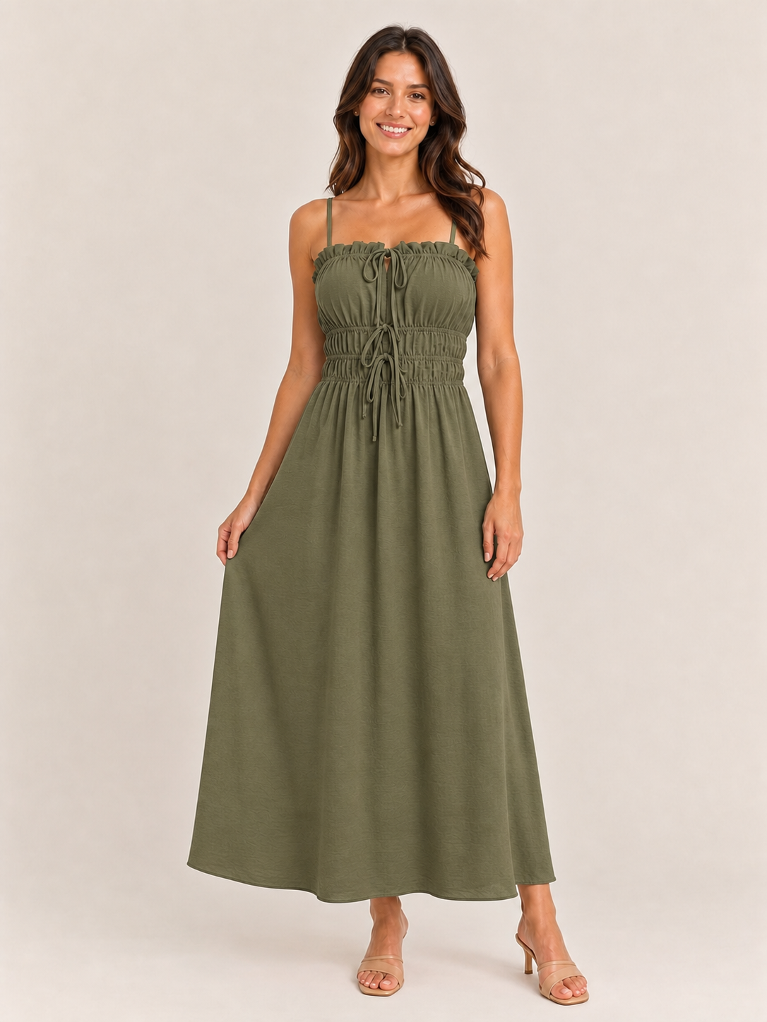 Women's olive ruched drawstring maxi dress