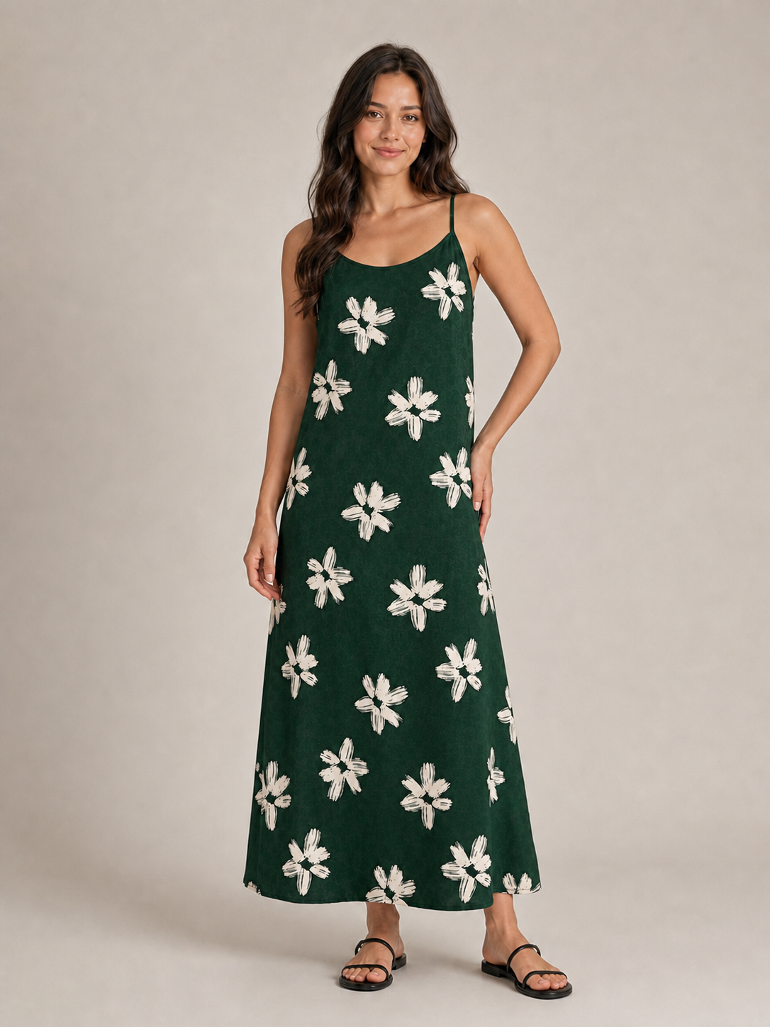 Women's forest green ivory floral maxi dress