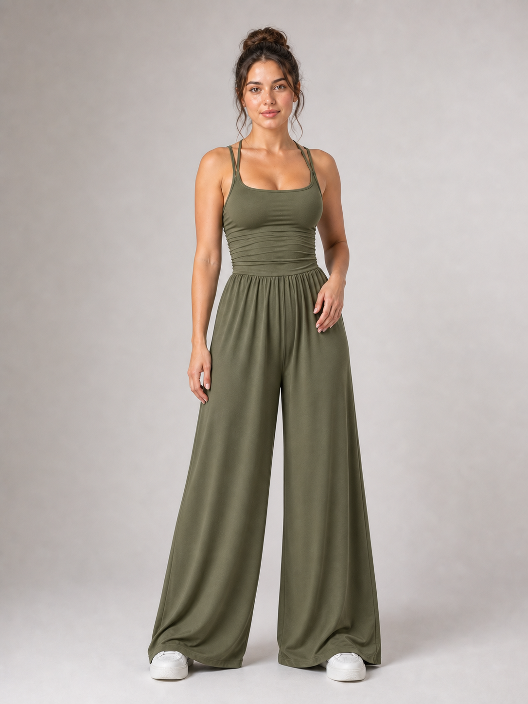 Women's olive green scoop-neck wide-leg jumpsuit