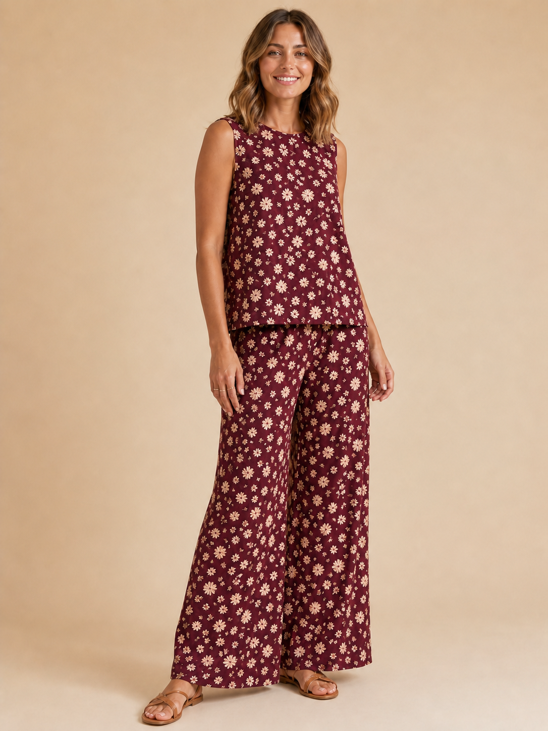 Women's burgundy daisy wide-leg set