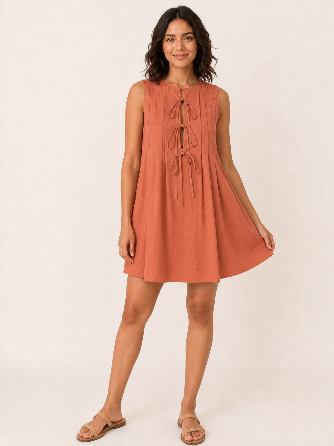 Women's terracotta tie-front pintuck mini dress