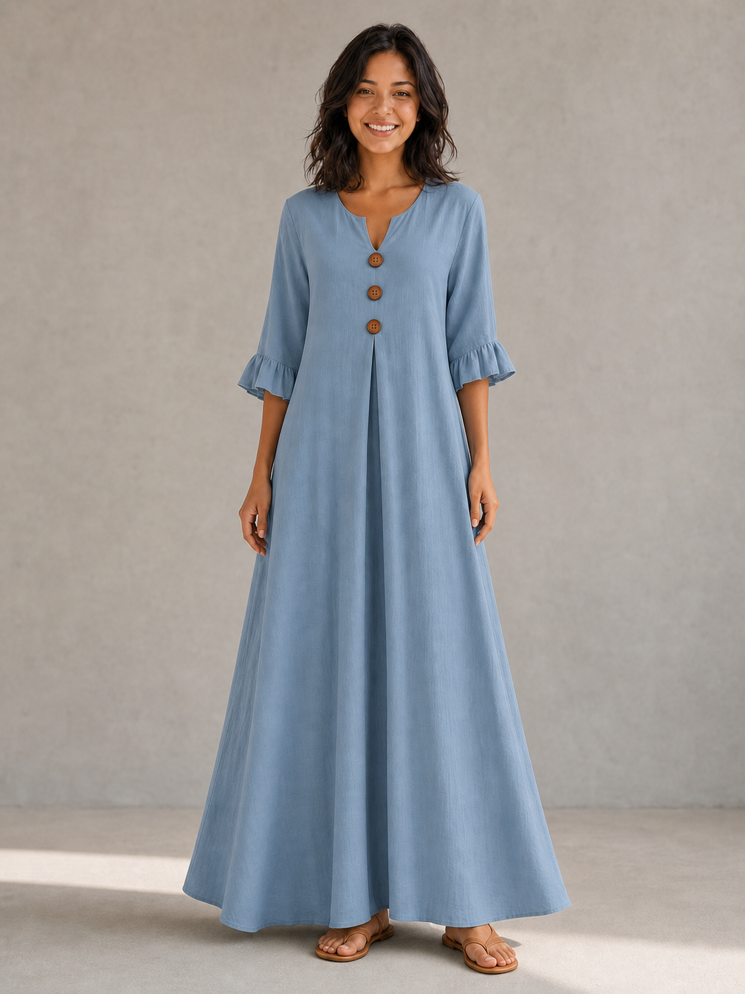 Women's wood-button maxi dress in dusty blue