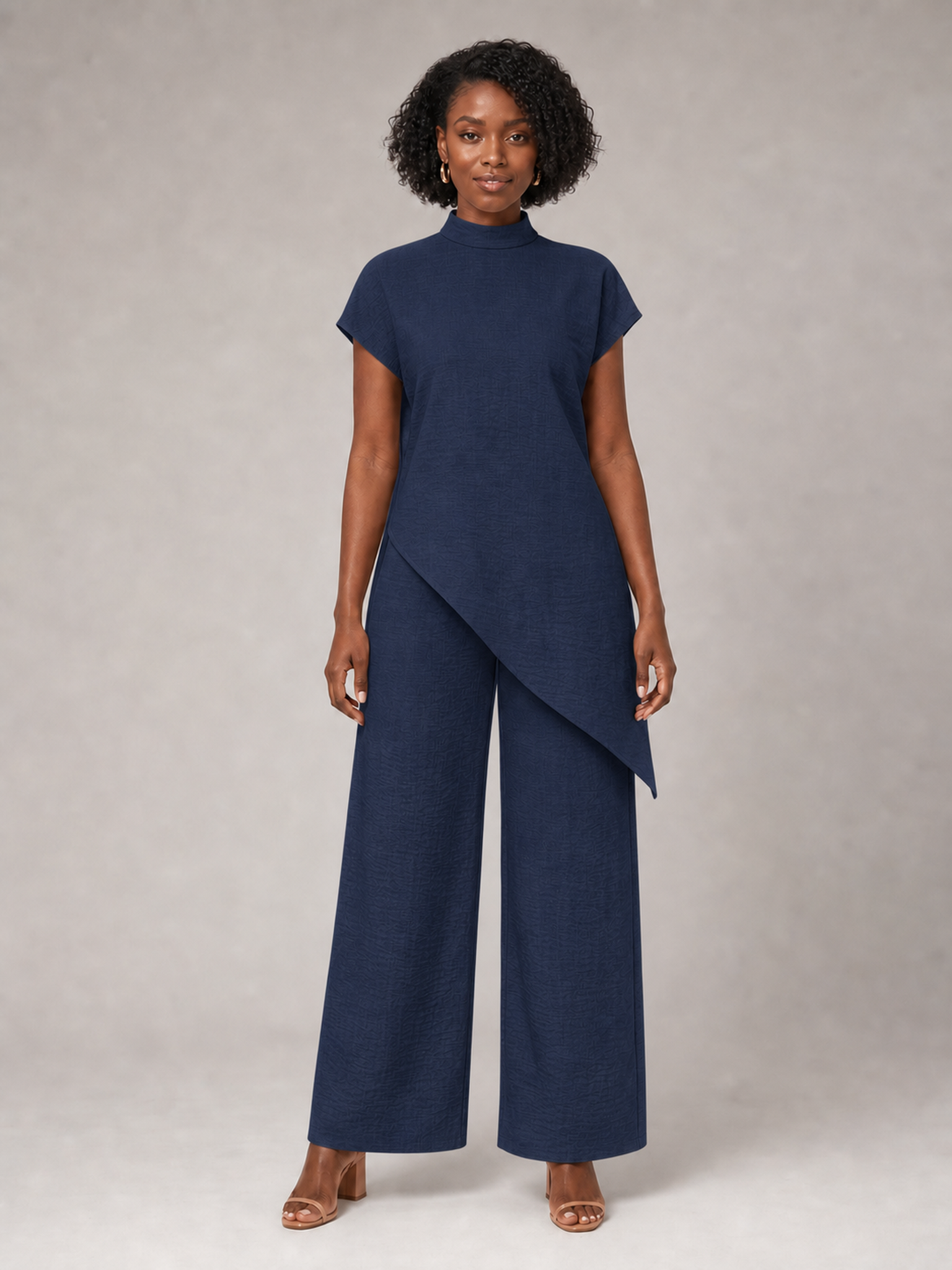 Women's navy asymmetric tunic wide-leg pants set