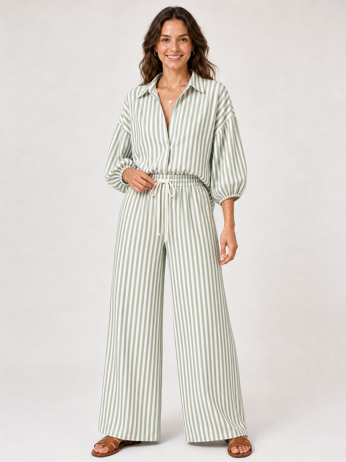 Women's sage and white striped pants set