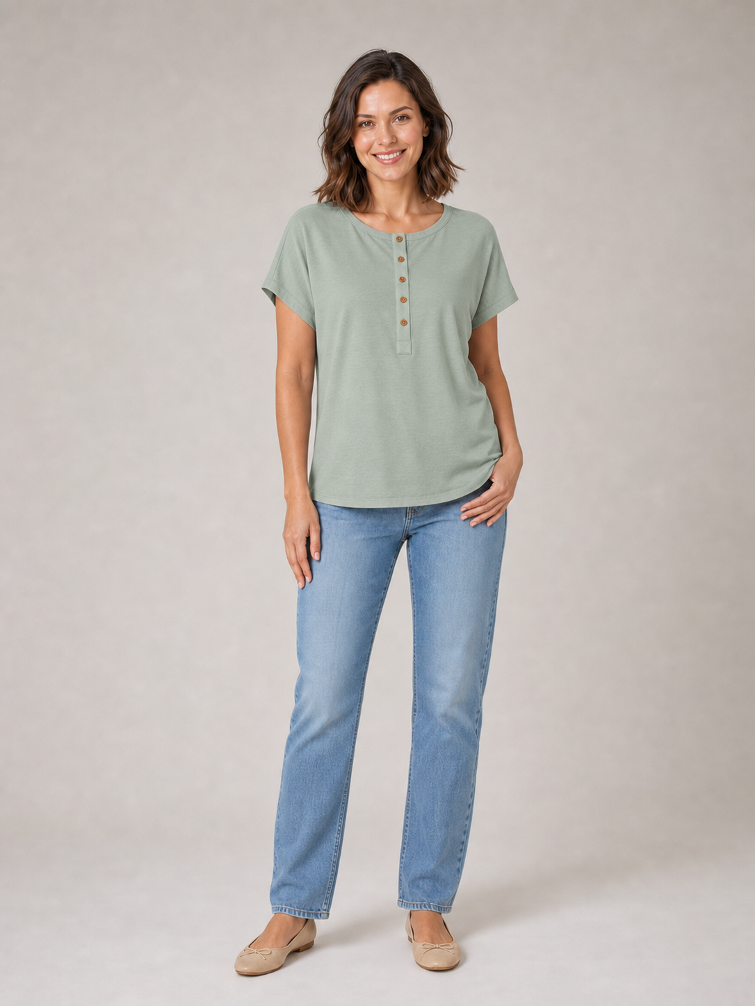 Women's sage green button Henley dolman top