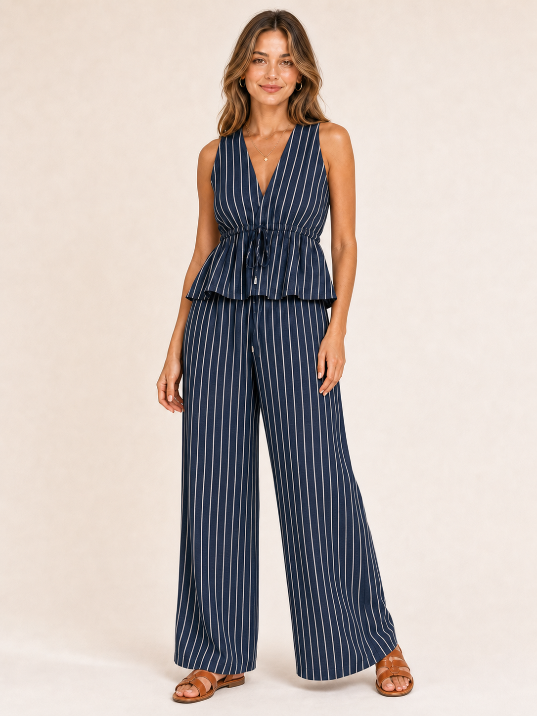 Women's navy pinstripe drawstring wide leg pants set