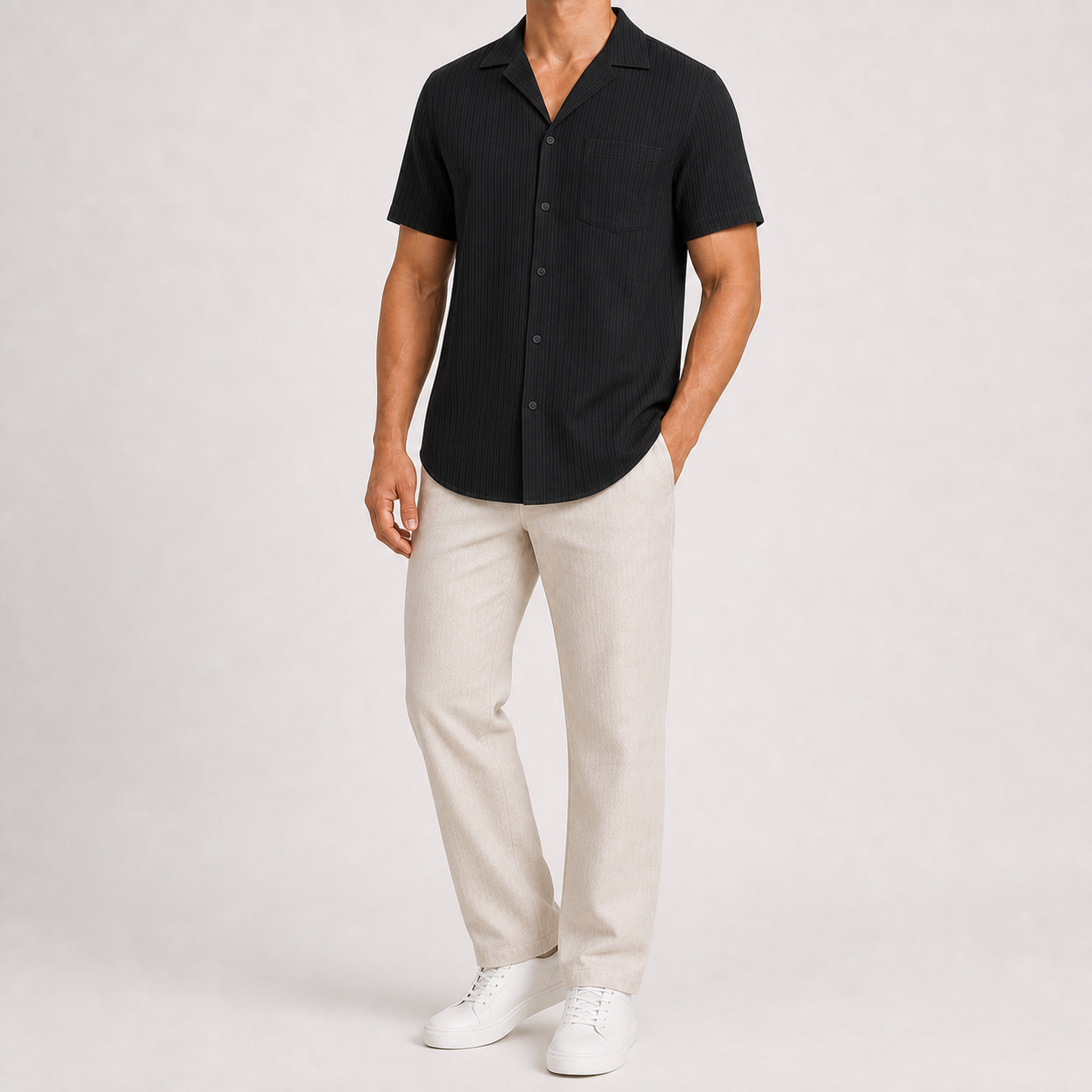 Black men's pleated texture short-sleeve shirt