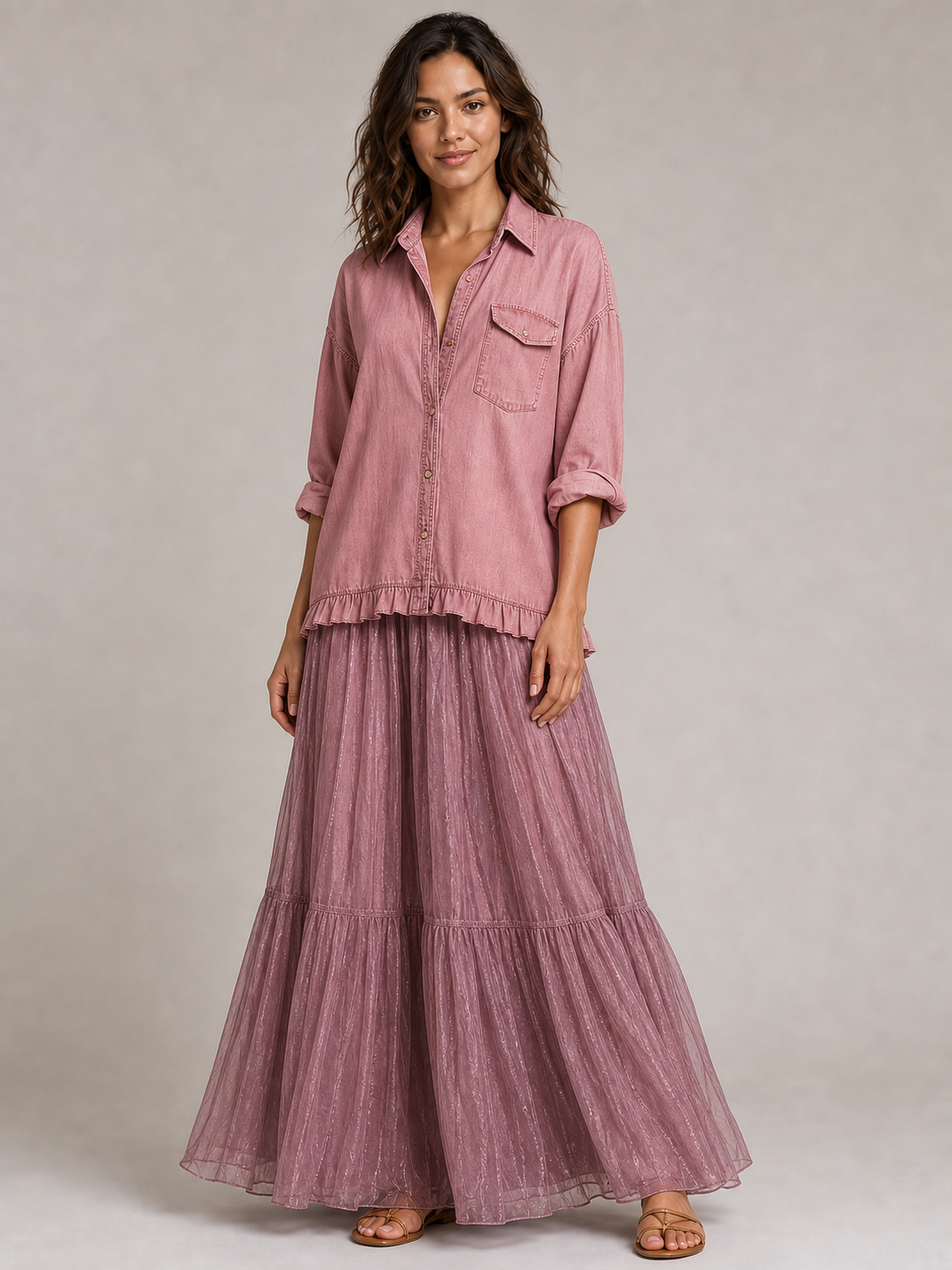 Women's dusty rose and mauve ruffle shirt maxi skirt set