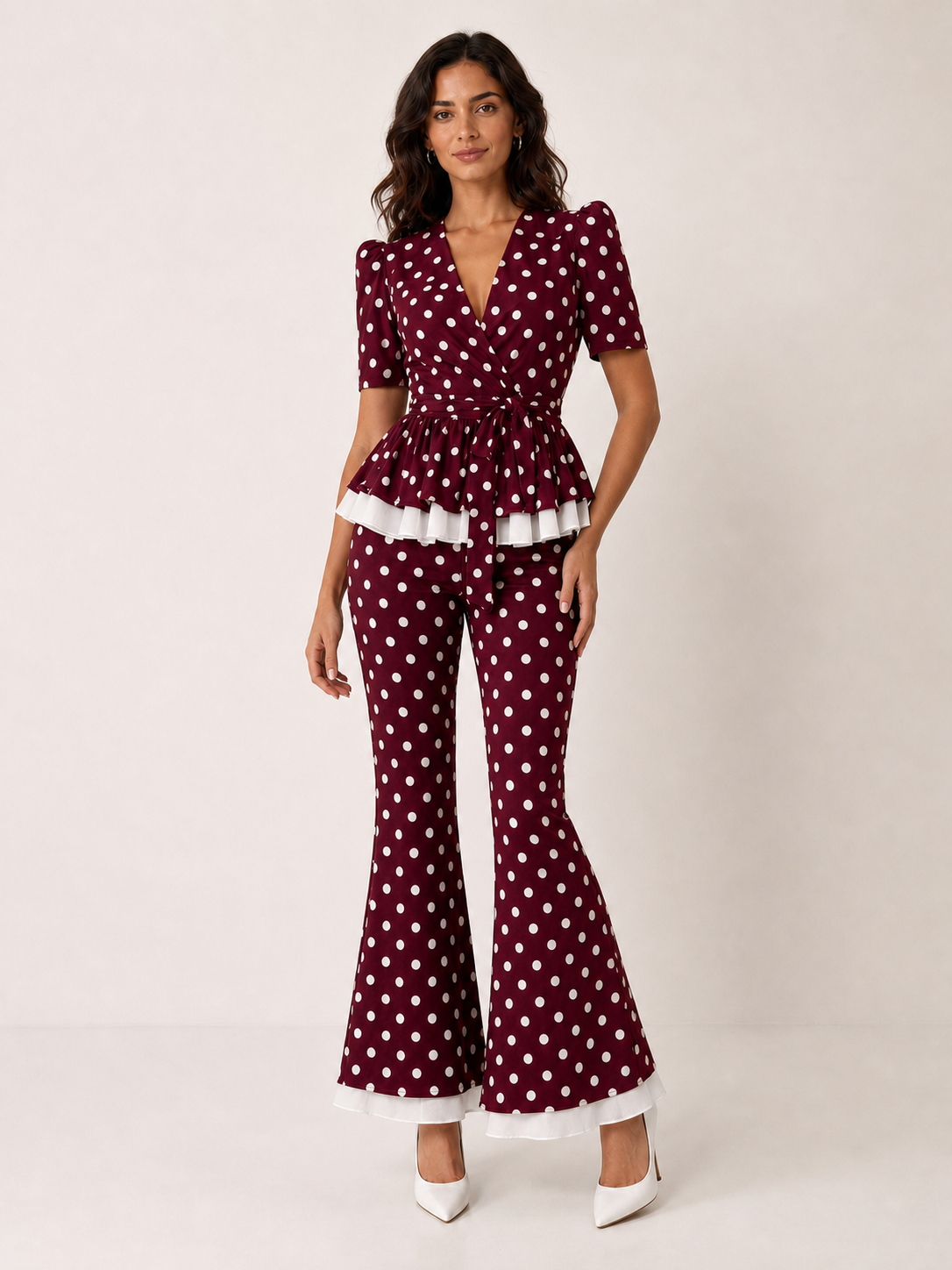 Women's burgundy polka dot peplum and flare pants set