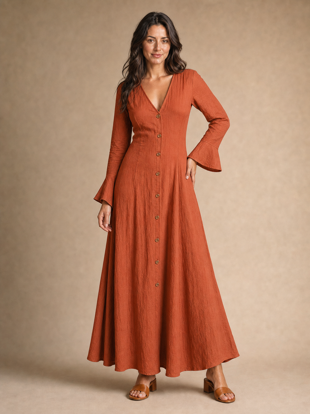 Women's terracotta V-neck bell-sleeve maxi dress