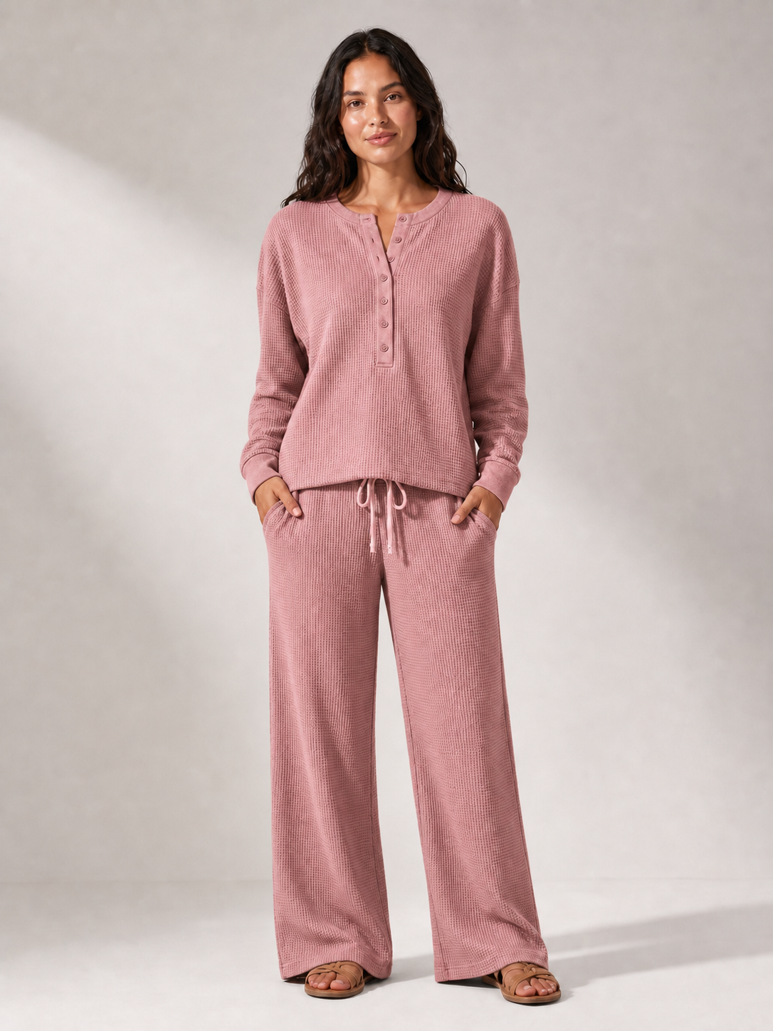 Women's waffle Henley wide-leg lounge set in dusty rose