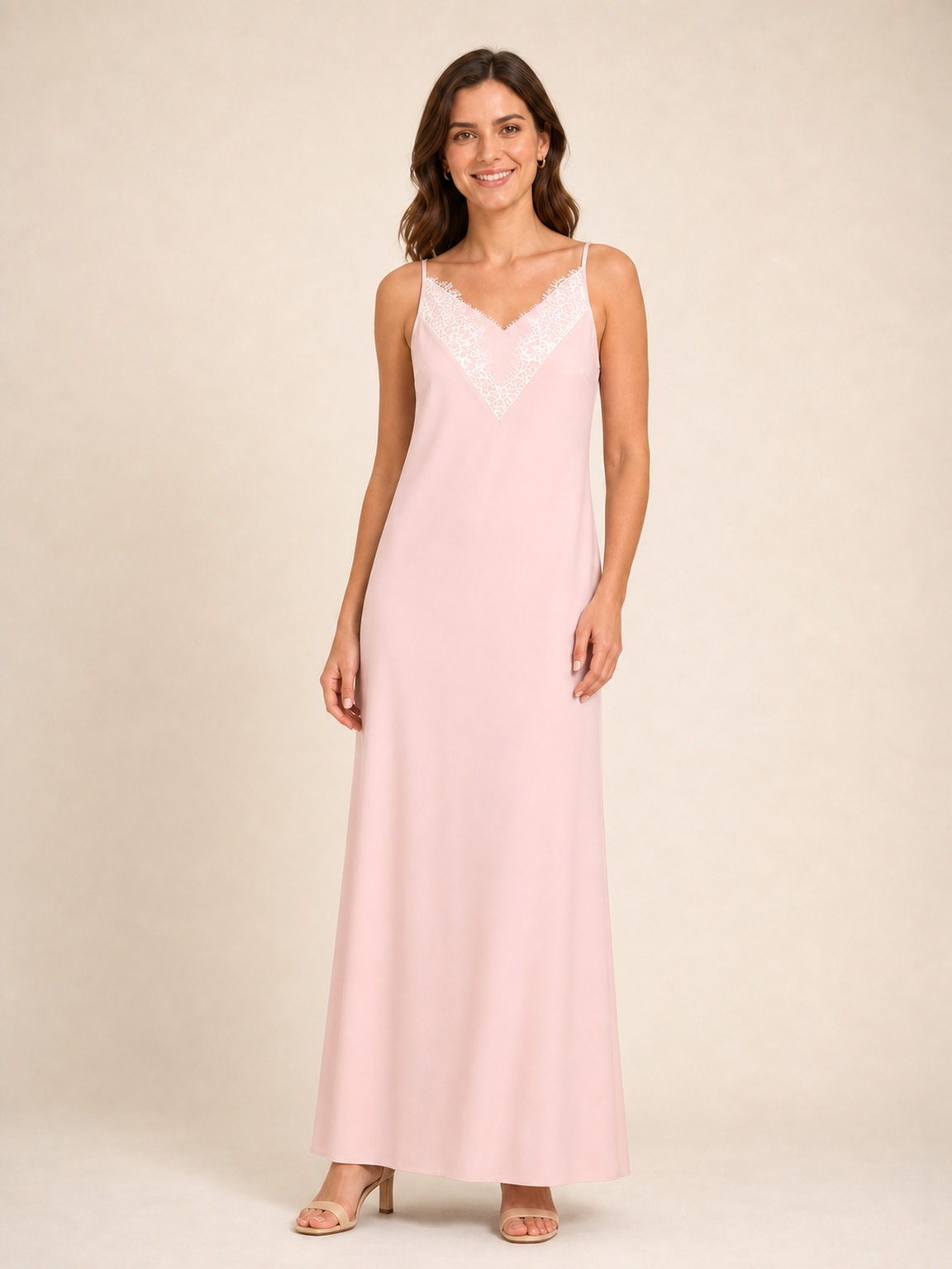Women's blush pink lace trim slip maxi dress