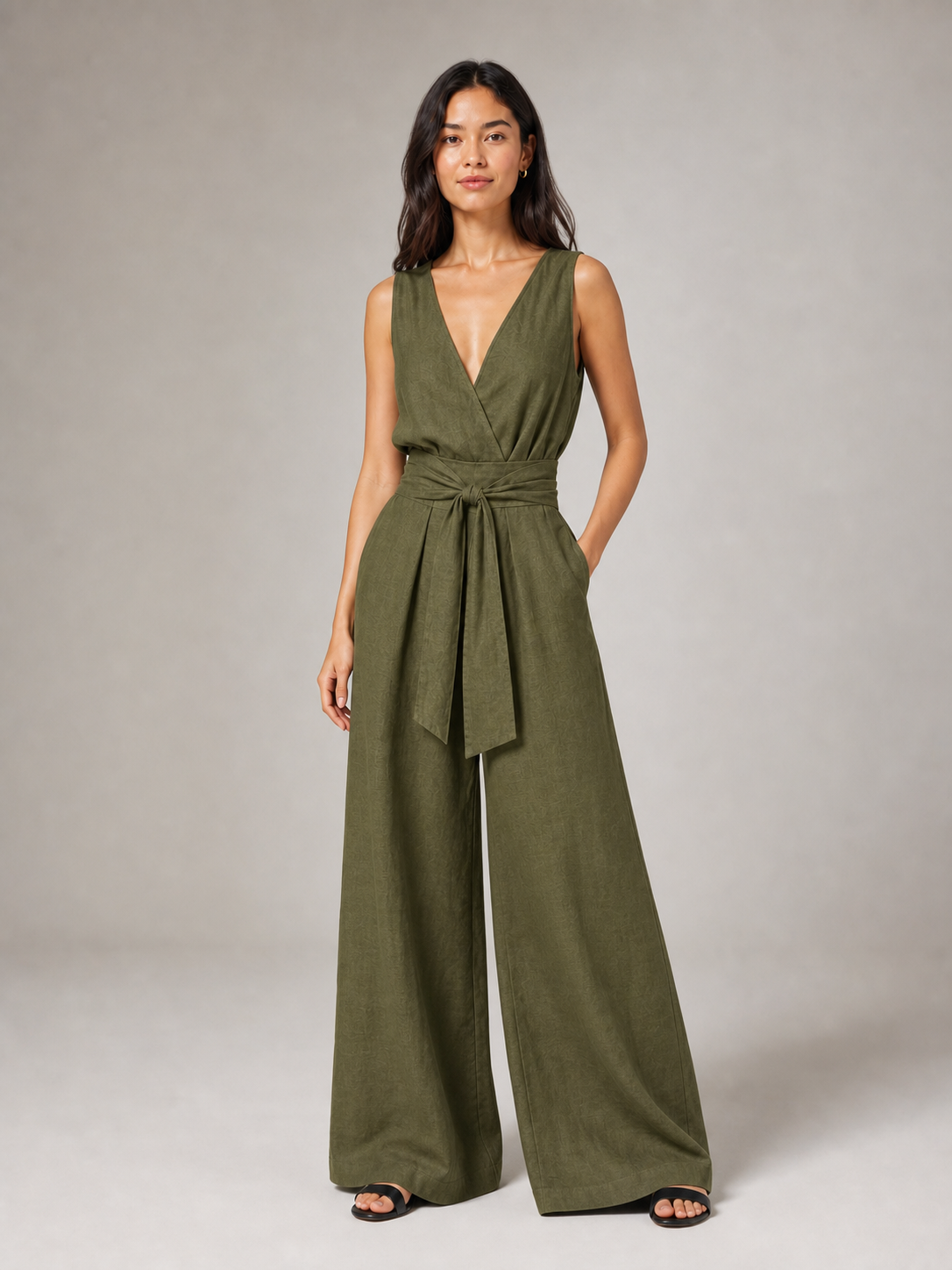 Women's olive green wrap V-neck wide-leg jumpsuit