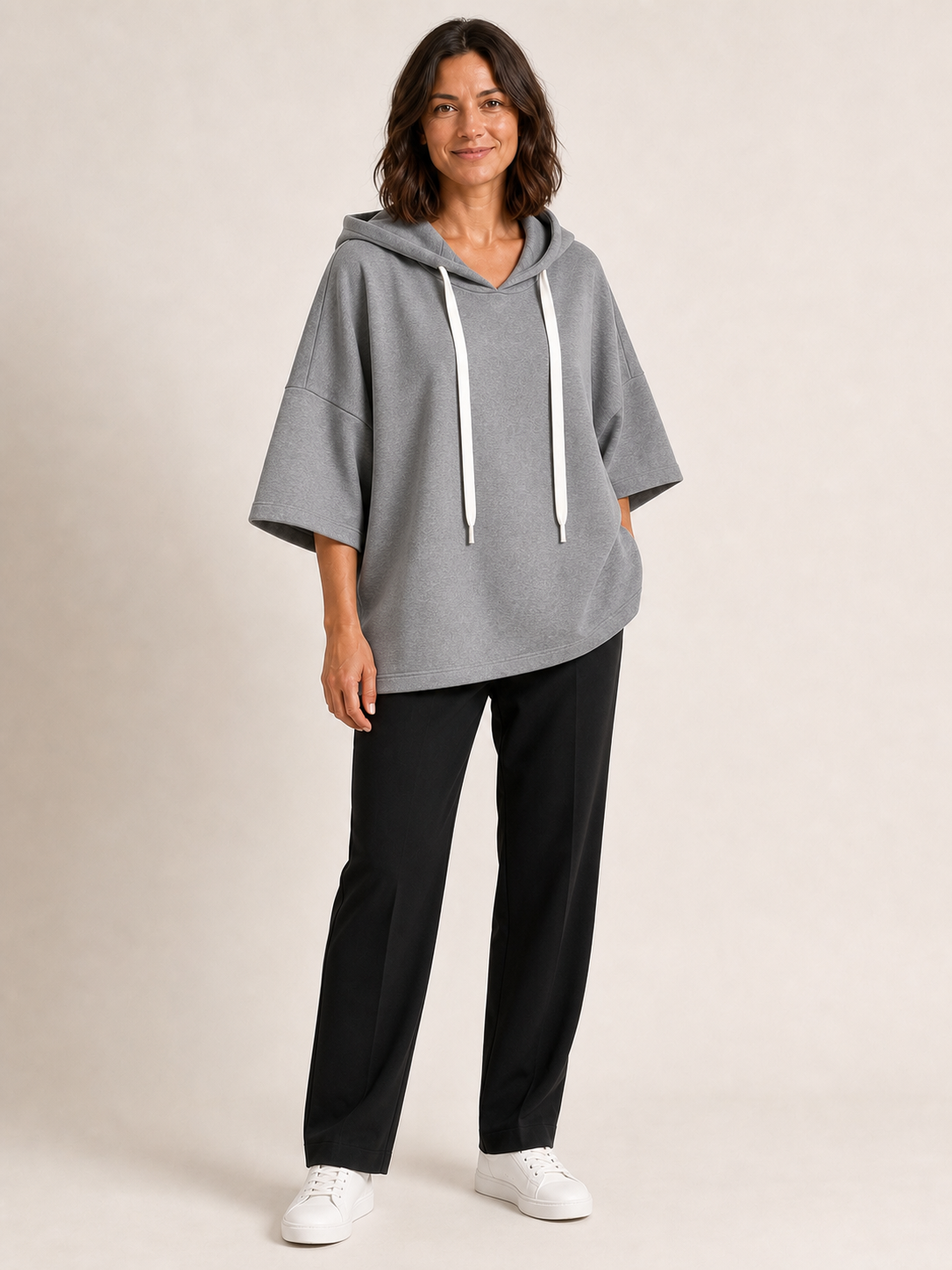 Women's heather grey oversized short-sleeve hoodie top