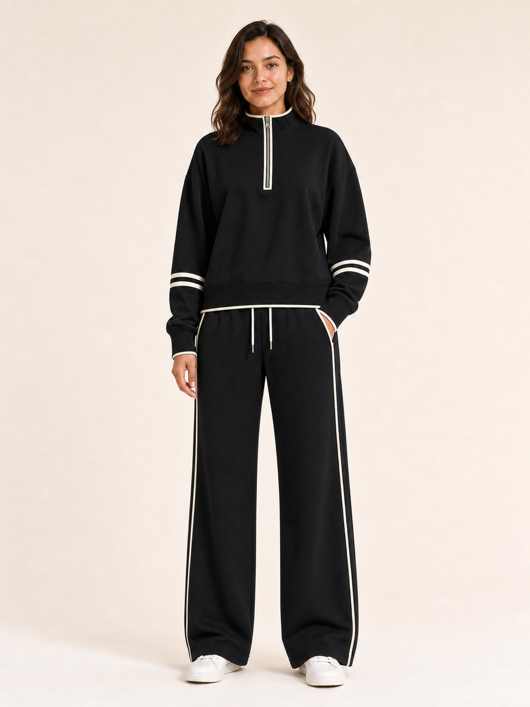 Women's half-zip wide-leg set in black and ivory