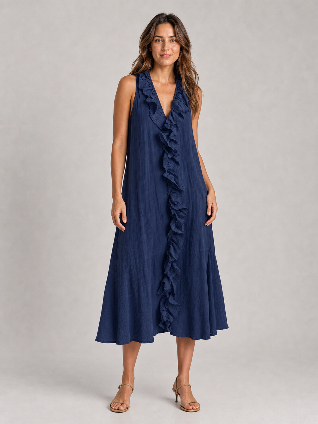 Women's navy cascading ruffle loose midi dress