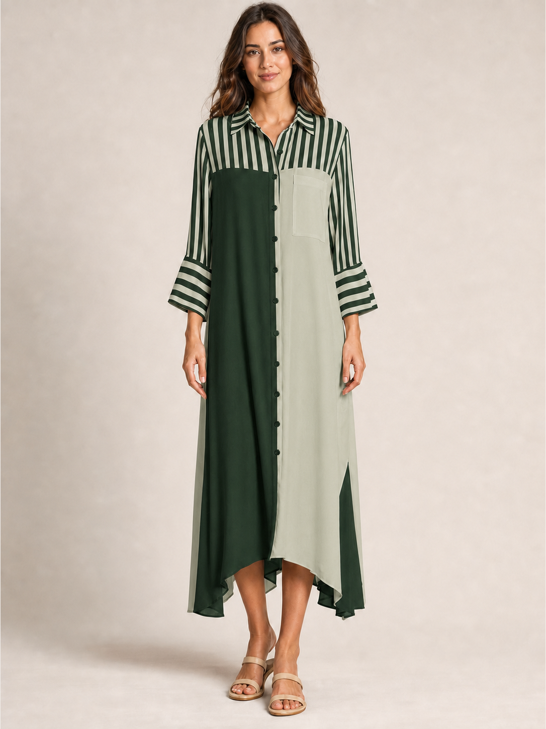 Forest sage colorblock striped shirt dress