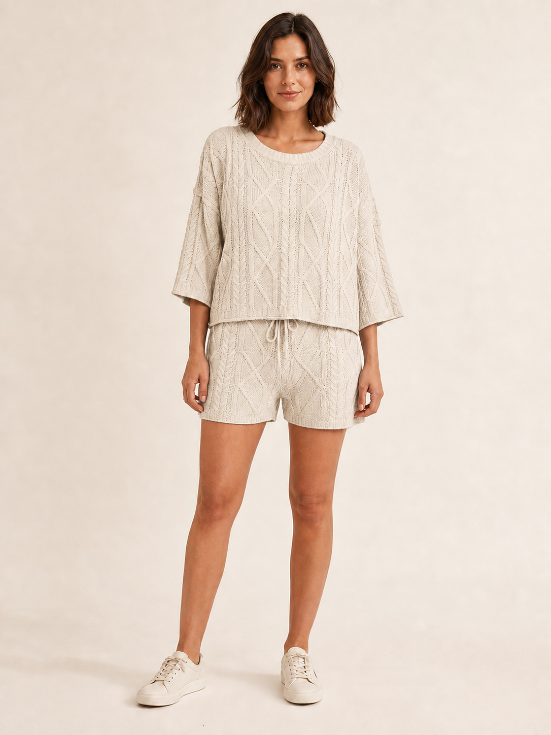 Women's oatmeal openwork cable-knit top and shorts set